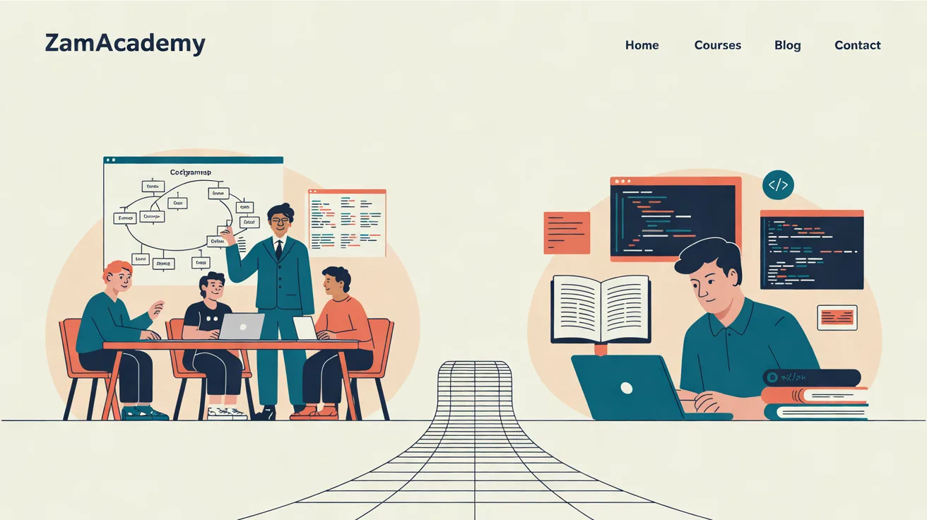 Illustration: Create a premium editorial blog cover for ZamAcademy, an educational platform focused on programming, technology, and career skills. Article: “What Skills Will You Learn at a Coding Bootcamp?” Category: Learn to Code. Show two distinct learning paths leading to the same goal: becoming