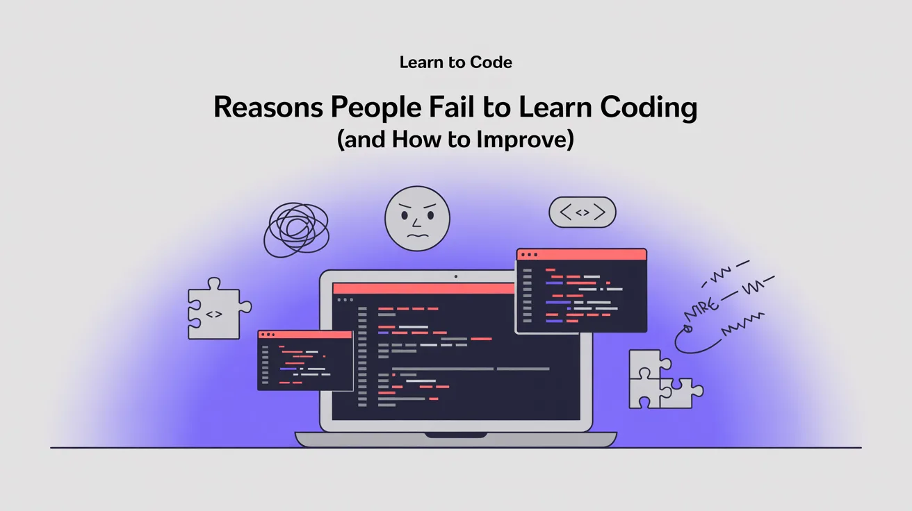 Illustration: A blog cover for an article about "Reasons People Fail to Learn Coding (And How to Improve)" (category: Learn to code). Editorial blog cover illustration, clean modern flat design, generous negative space, deep purple (#4A35F0) accent colour