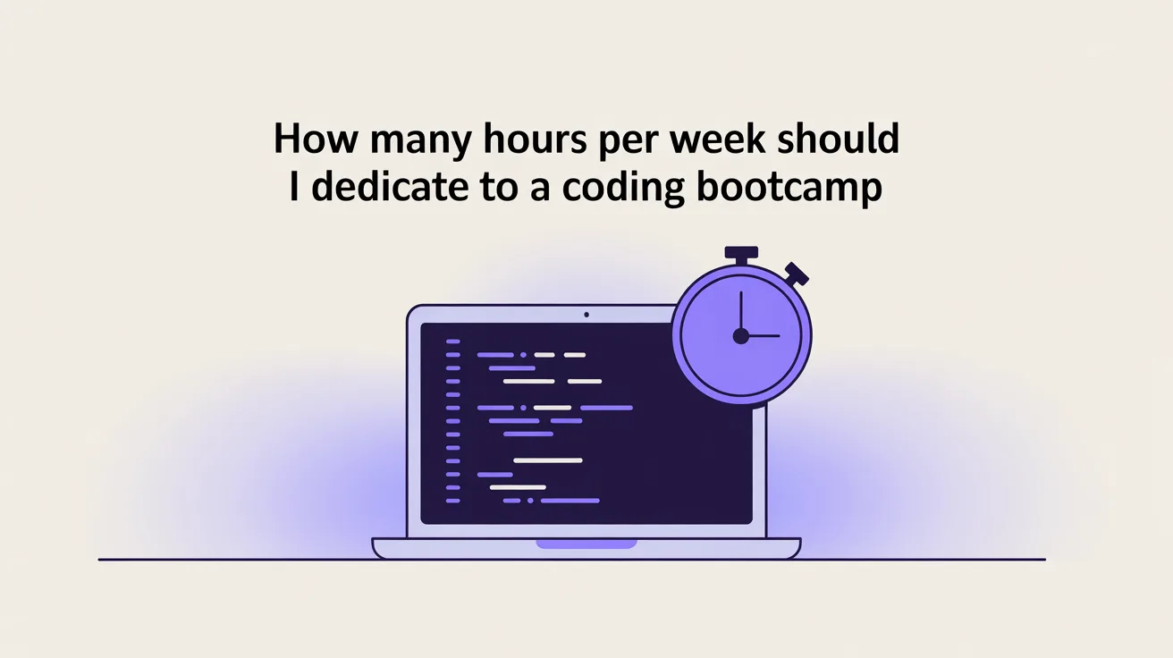 Illustration: A blog cover for an article about "How Many Hours Per Week Should I Dedicate to a Coding Bootcamp" (category: Learn to code). Editorial blog cover illustration, clean modern flat design, generous negative space, deep purple (#4A35F0) accent colour, soft neutral background
