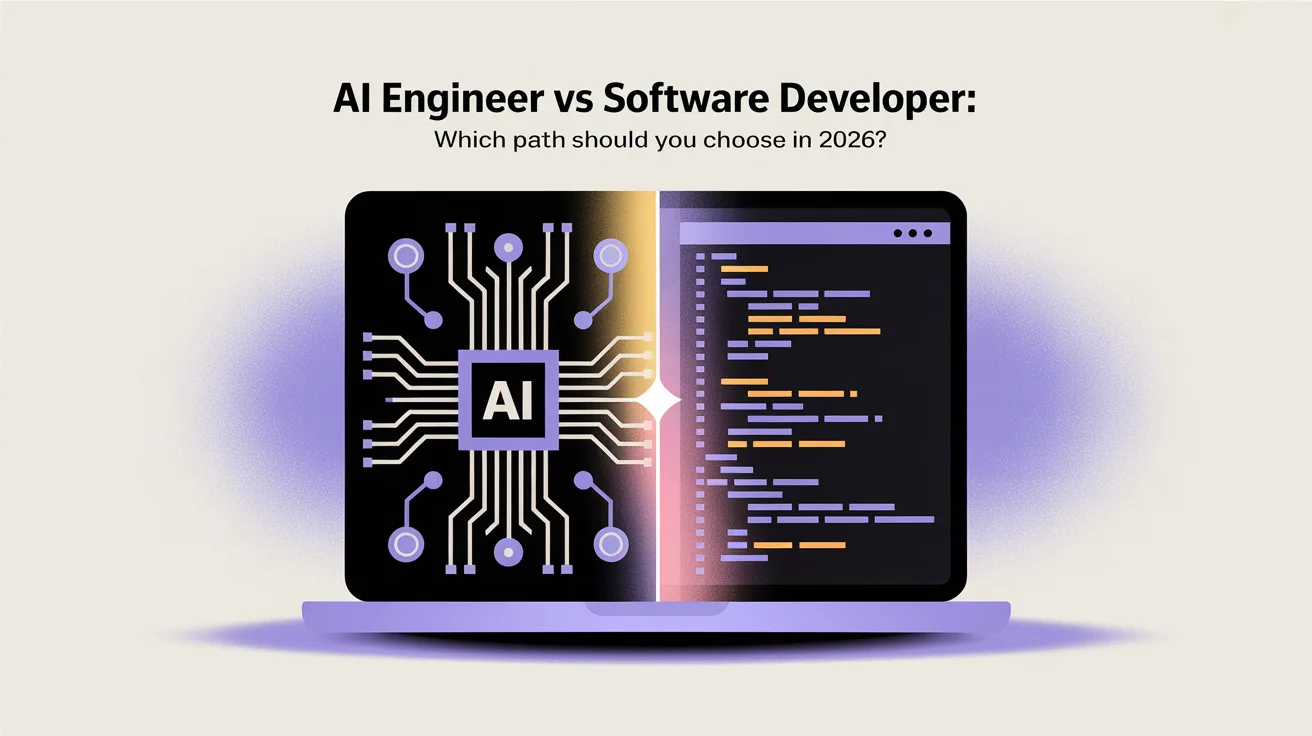 Illustration: A blog cover for an article about "AI Engineer vs Software Developer: Which Path Should You Choose in 2026?" (category: Careers & pay). Editorial blog cover illustration, clean modern flat design, generous negative space, deep purple (#4A35F0) accent colour, soft neutral background