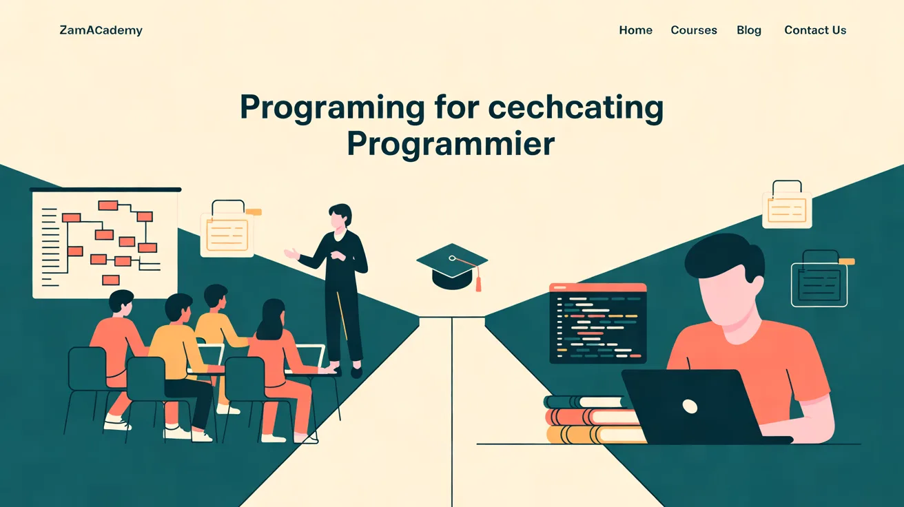 Illustration: Create a premium editorial blog cover for ZamAcademy, an educational platform focused on programming, technology, and career skills. Article: “9 Essential Time Management Tips for Coding Bootcamp Student” Category: Learn to Code. Show two distinct learning paths leading to the same goa
