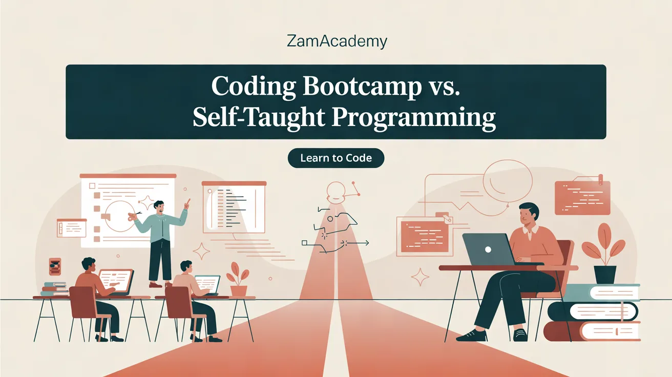 Illustration: Create a premium editorial blog cover for ZamAcademy, an educational platform focused on programming, technology, and career skills. Article: “Coding Bootcamp vs. Self-Taught Programming: Which Path Is Best?” Category: Learn to Code. Show two distinct learning paths leading to the same