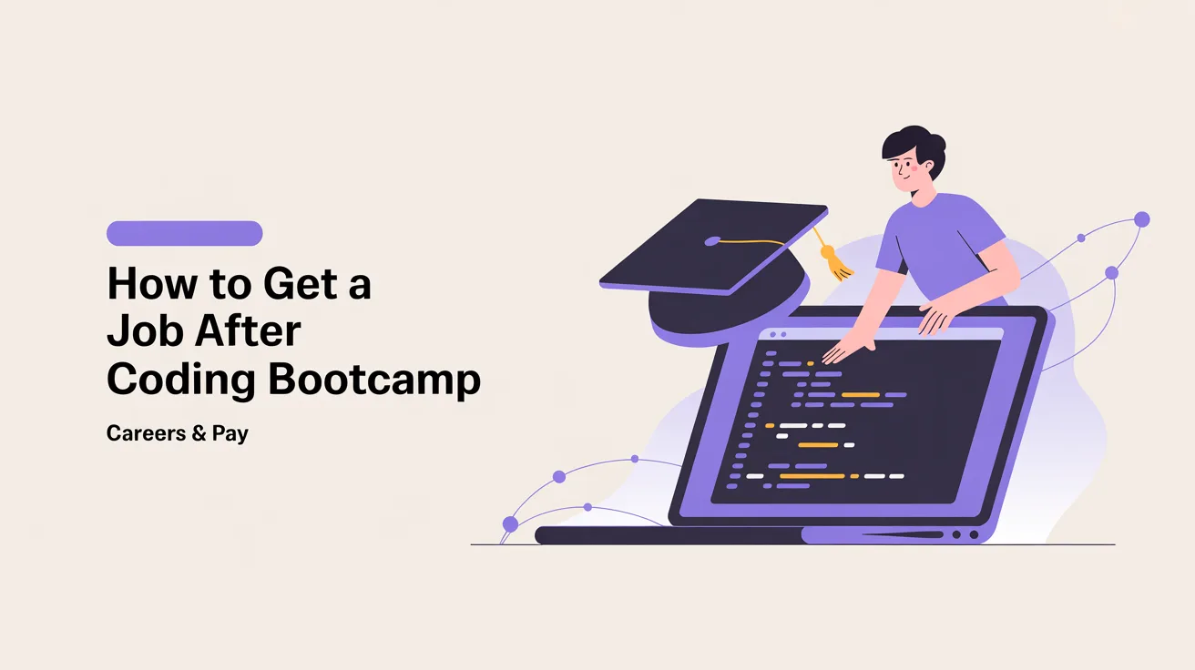 Illustration: A blog cover for an article about "How to Get A Job After Coding Bootcamp" (category: Careers & pay). Editorial blog cover illustration, clean modern flat design, generous negative space, deep purple (#4A35F0) accent colour, soft neutral background