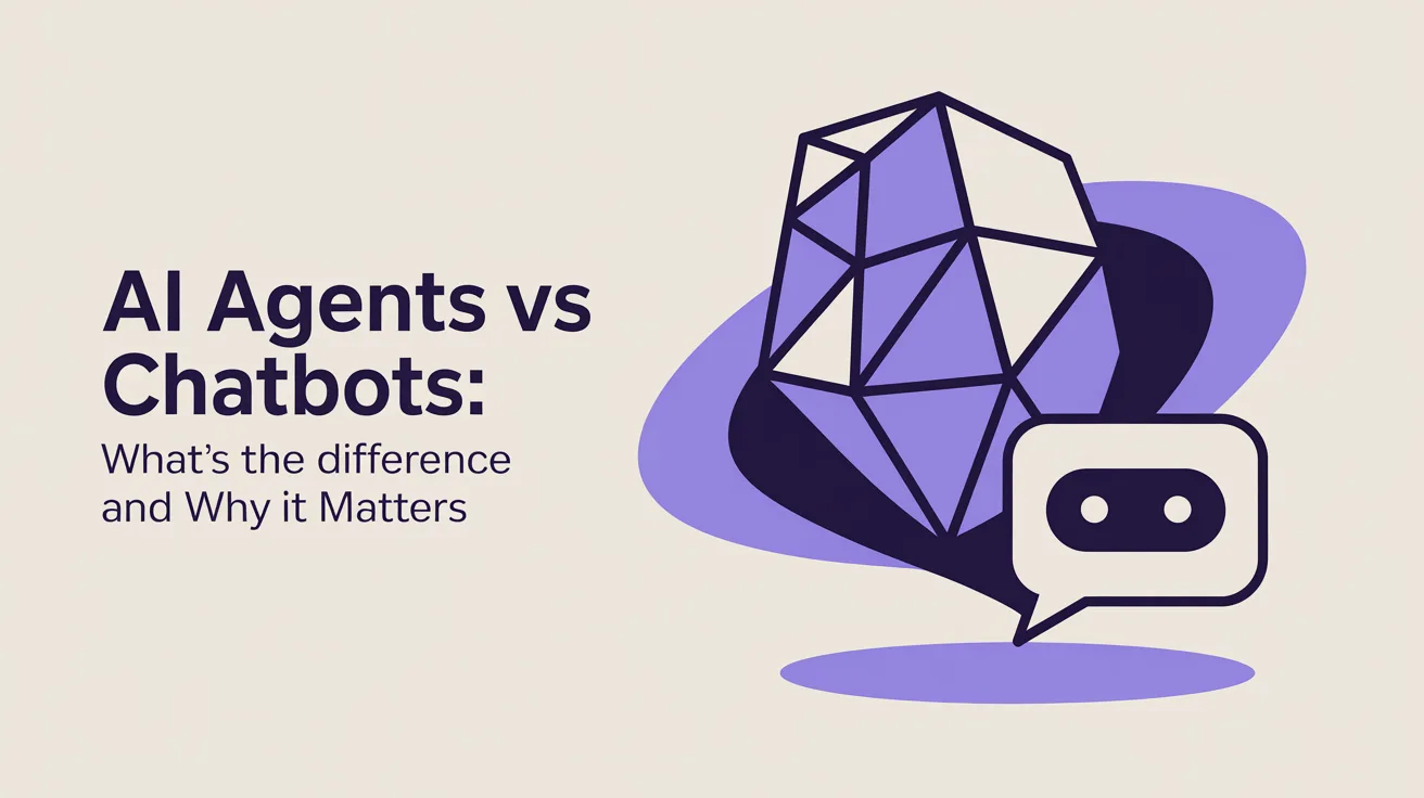 Illustration: A blog cover for an article about "AI Agents vs Chatbots: What's the Difference and Why It Matters" (category: AI & future of work). Editorial blog cover illustration, clean modern flat design, generous negative space, deep purple (#4A35F0) accent colour, soft neutral background