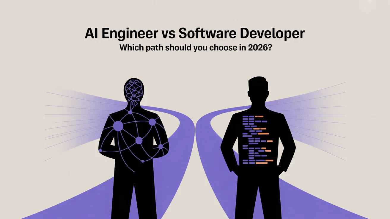 Illustration: A blog cover for an article about "AI Engineer vs Software Developer: Which Path Should You Choose in 2026?" (category: Careers & pay). Editorial blog cover illustration, clean modern flat design, generous negative space, deep purple (#4A35F0) accent colour, soft neutral background