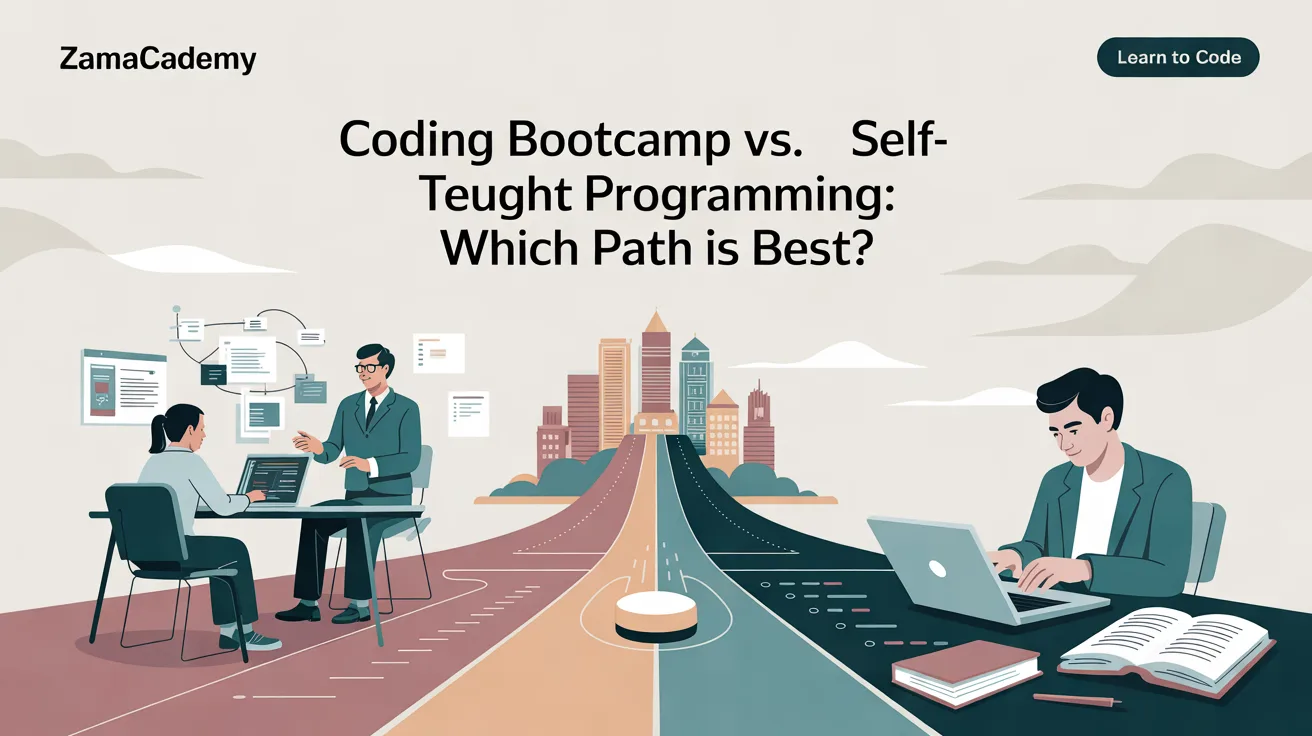 Illustration: Create a premium editorial blog cover for ZamAcademy, an educational platform focused on programming, technology, and career skills. Article: “Coding Bootcamp vs. Self-Taught Programming: Which Path Is Best?” Category: Learn to Code. Show two distinct learning paths leading to the same
