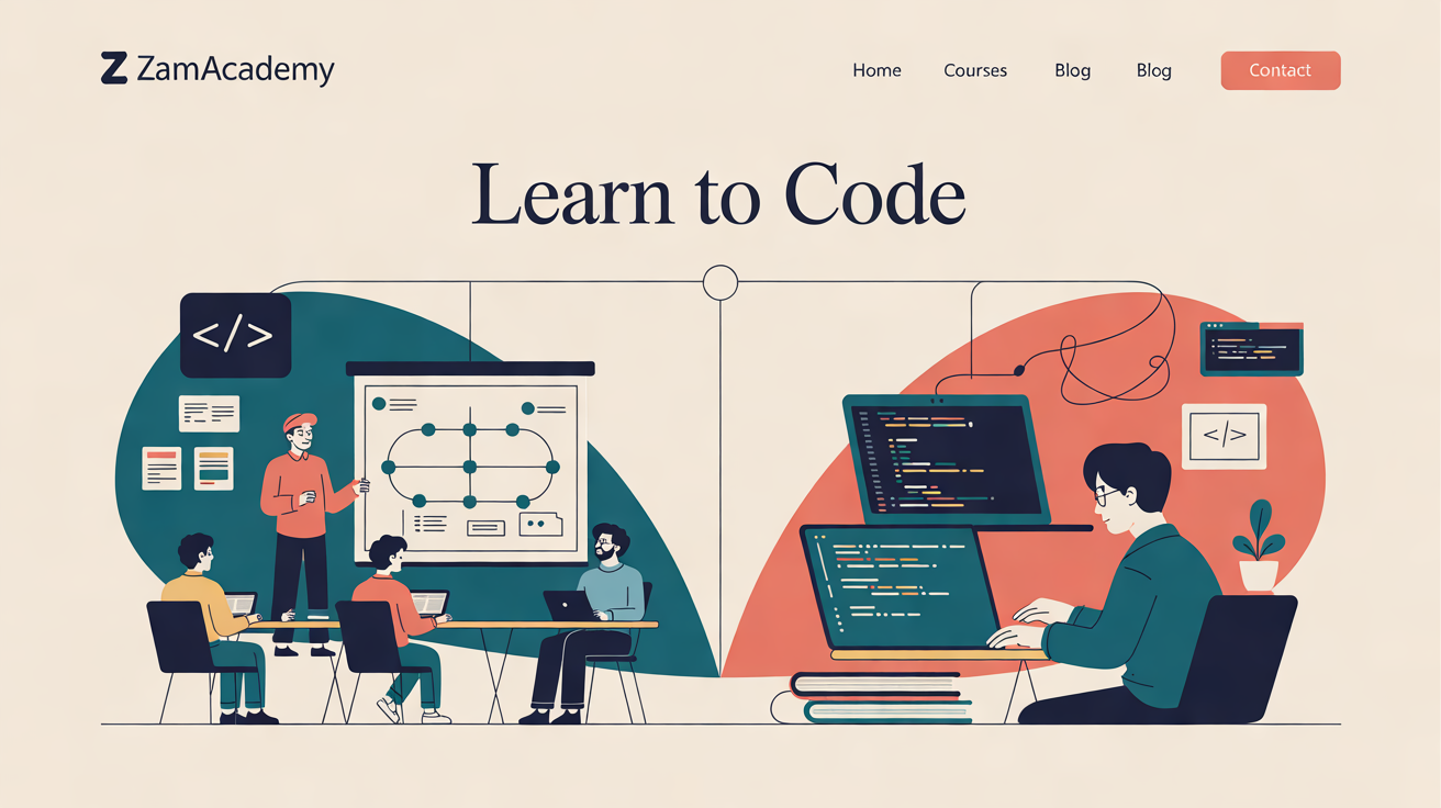 Illustration: Create a premium editorial blog cover for ZamAcademy, an educational platform focused on programming, technology, and career skills. Article: “How to Learn Coding Online Fast: Best At-Home Approaches for 2026” Category: Learn to Code. Show two distinct learning paths leading to the sam