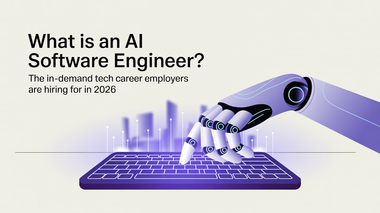 Illustration: A blog cover for an article about "What Is an AI Software Engineer? The In-Demand Tech Career Employers Are Hiring for in 2026" (category: AI & future of work). Editorial blog cover illustration, clean modern flat design, generous negative space, deep purple (#4A35F0) accent colour, so