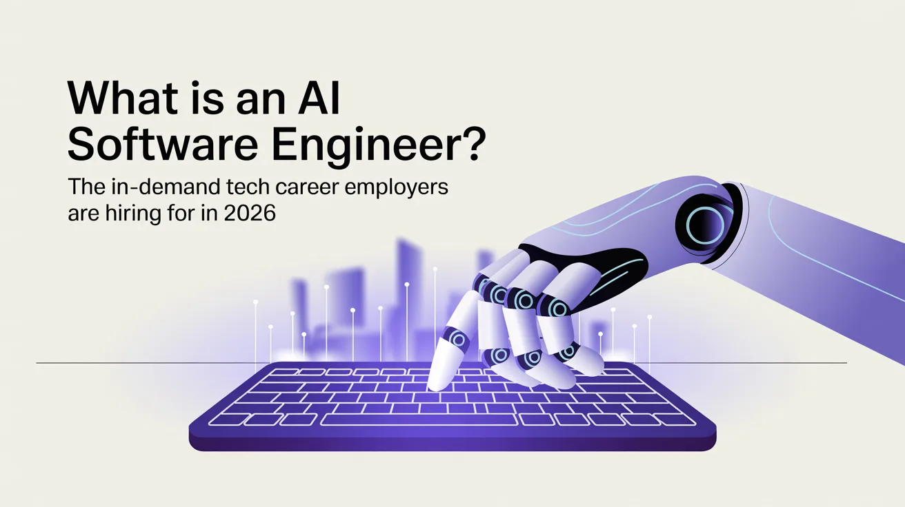 Illustration: A blog cover for an article about "What Is an AI Software Engineer? The In-Demand Tech Career Employers Are Hiring for in 2026" (category: AI & future of work). Editorial blog cover illustration, clean modern flat design, generous negative space, deep purple (#4A35F0) accent colour, so