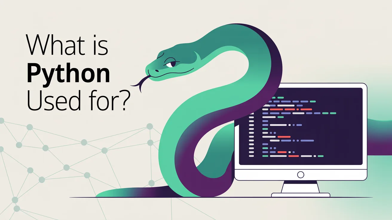 Illustration: A blog cover for an article about "What Is Python Used For?" (category: Learn to code). Editorial blog cover illustration, clean modern flat design, generous negative space, deep purple (#4A35F0) accent colour, soft neutral background