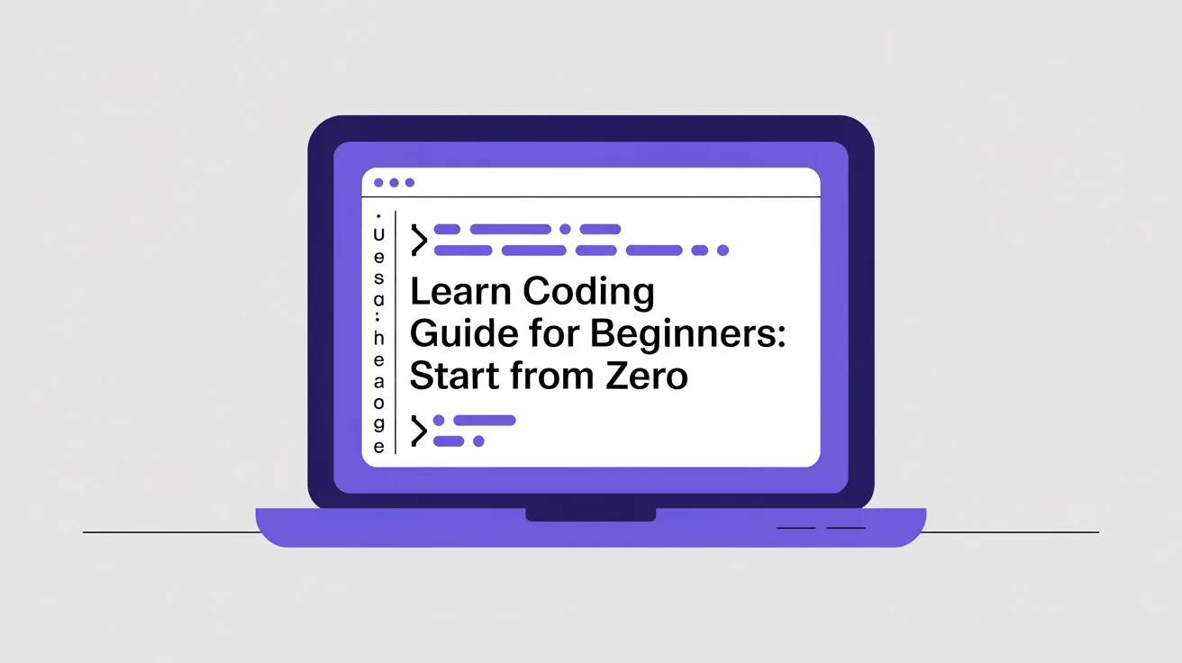 Illustration: A blog cover for an article about "Learn Coding Guide for Beginners: Start From Zero" (category: Learn to code). Editorial blog cover illustration, clean modern flat design, generous negative space, deep purple (#4A35F0) accent colour, soft neutral background, no watermark, no logo.