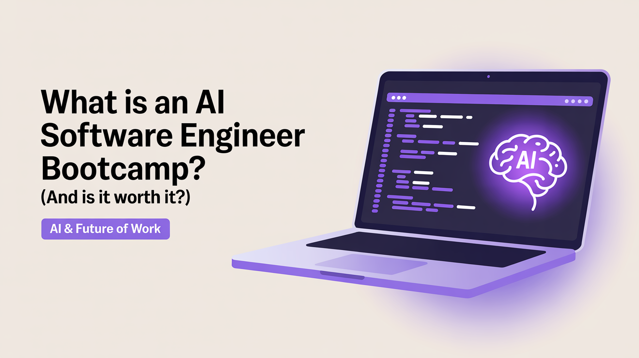 Illustration: A blog cover for an article about "What is an AI Software Engineer Bootcamp? (And Is It Worth It?)" (category: AI & future of work). Editorial blog cover illustration, clean modern flat design, generous negative space, deep purple (#4A35F0) accent colour, soft neutral background