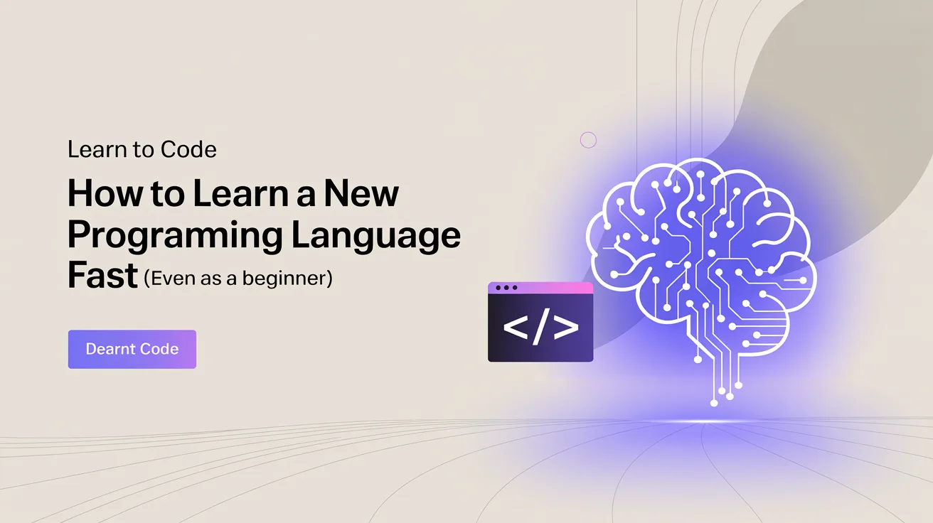 Illustration: A blog cover for an article about "How to Learn a New Programming Language Fast (Even as a Beginner)" (category: Learn to code). Editorial blog cover illustration, clean modern flat design, generous negative space, deep purple (#4A35F0) accent colour, soft neutral background