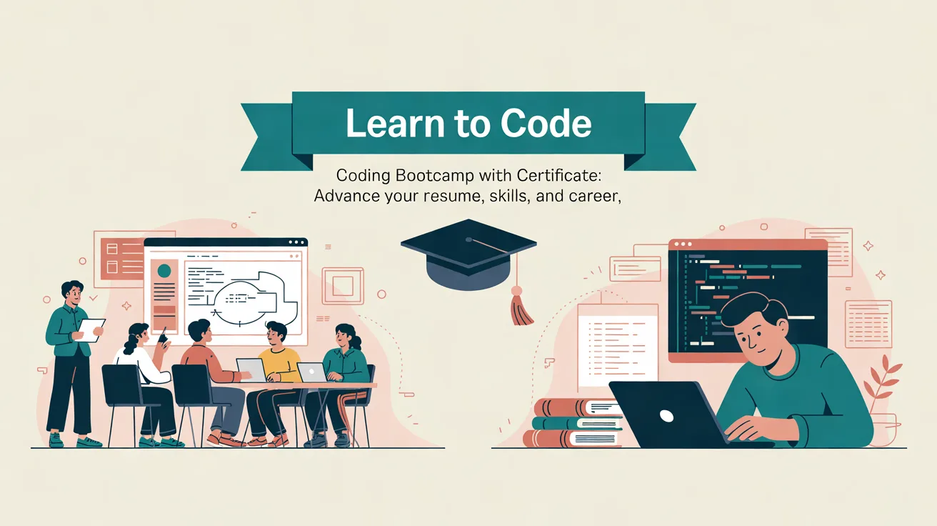 Illustration: Create a premium editorial blog cover for ZamAcademy, an educational platform focused on programming, technology, and career skills. Article: “Coding Bootcamp with Certificate: Advance Your Resume, Skills, and Career” Category: Learn to Code. Show two distinct learning paths leading to