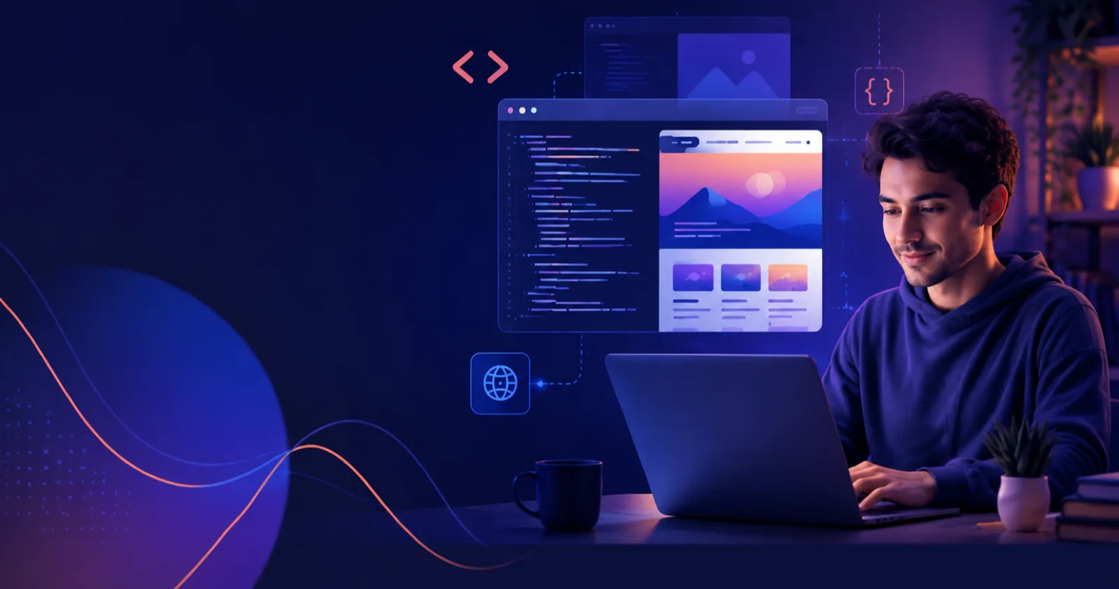 A male beginner web developer learning at a laptop beside code and responsive website previews